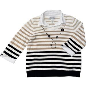 Alfred Dunner Petite PXL Neutral Striped Knit Sweater Mock Jewel Necklace Collar